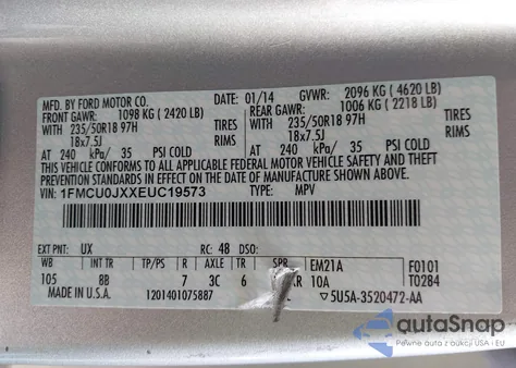 2014 Ford Escape Titanium z USA, uszkodzony, nr VIN 1FMCU0JXXEUC19573